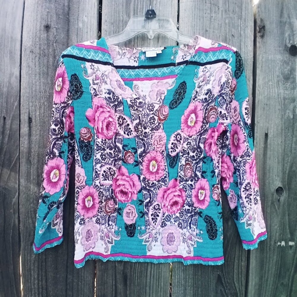 ALBERTO MALAKI CRINKLE TOP SZ M TURQUOISE PINK ROSE PRINT PULLOVER STRETCH Y2K